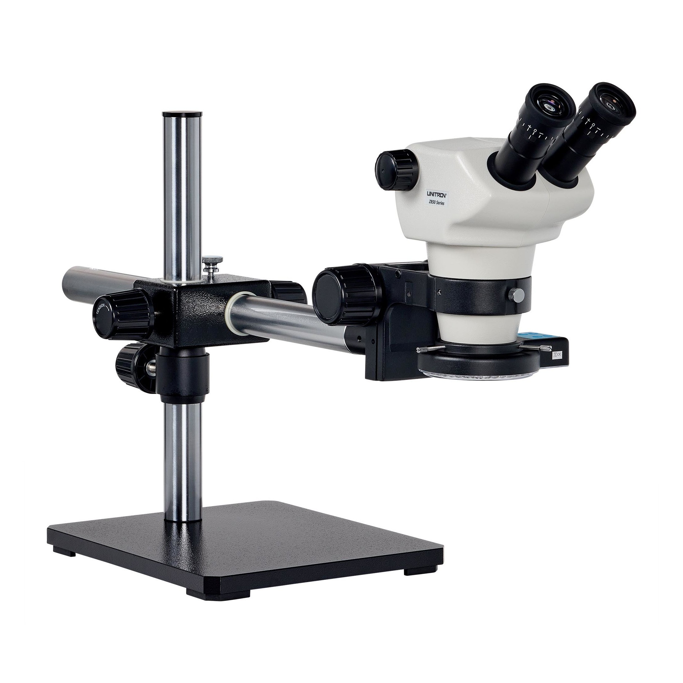 Z850 Zoom Stereo Microscope, Binocular, Boom Stand, 0.5x Aux Objective, Quad LED Ring Light