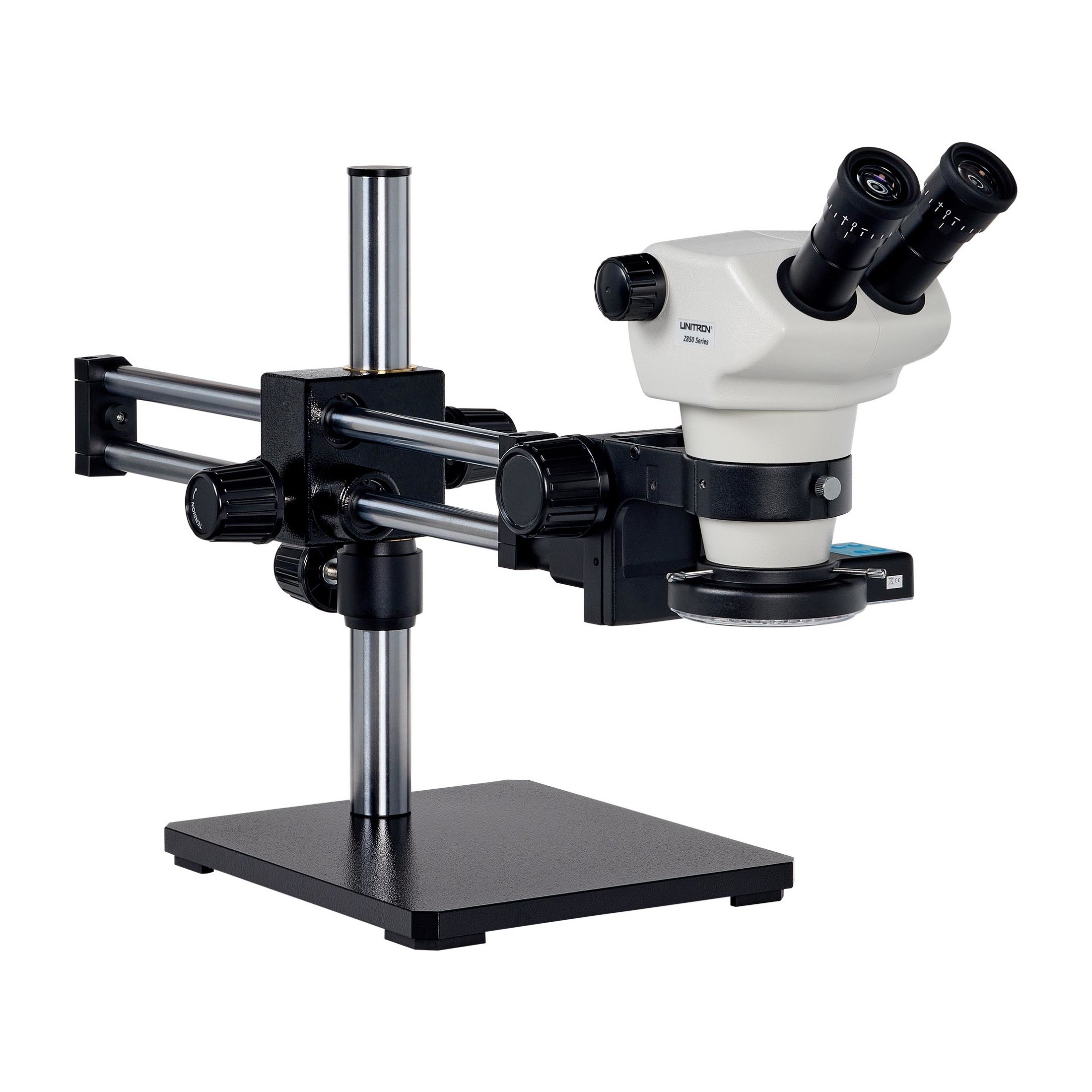 Z850 Zoom Stereo Microscope, Binocular, Ball Bearing Boom Stand, 0.5x Aux Objective, Quad LED Ring Light