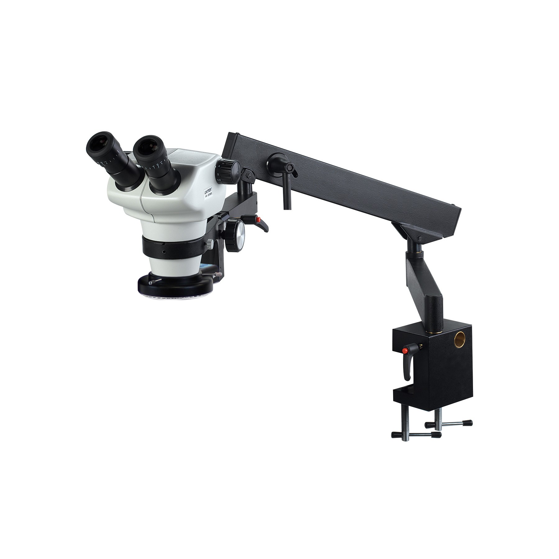 Z850 Zoom Stereo Microscope, Binocular, Articulating Arm Stand, 0.5x Aux Objective, Quad LED Ring Light