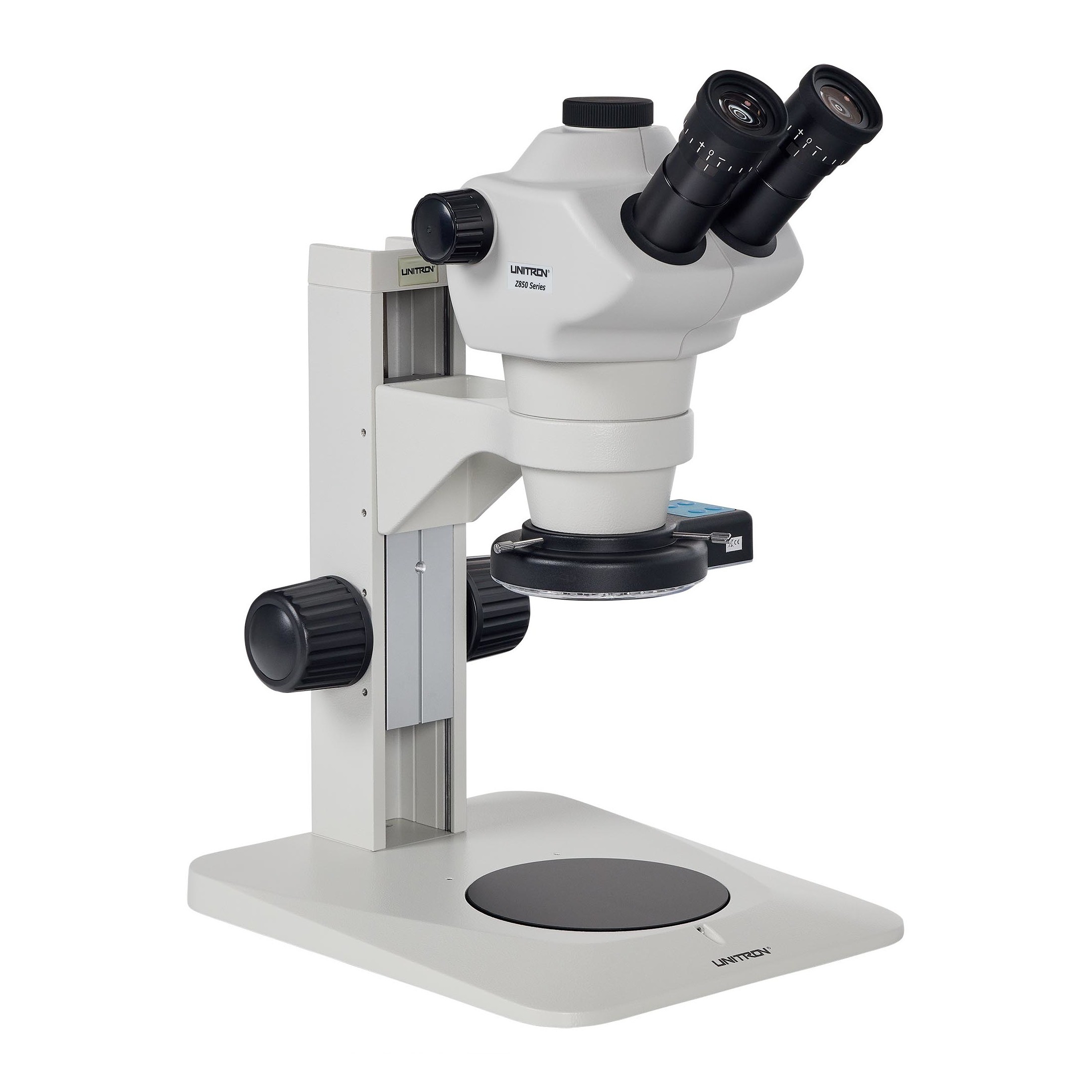 Z850 Trinocular Zoom Stereo Microscope, Plain Focusing Stand, Quad LED Ring Light