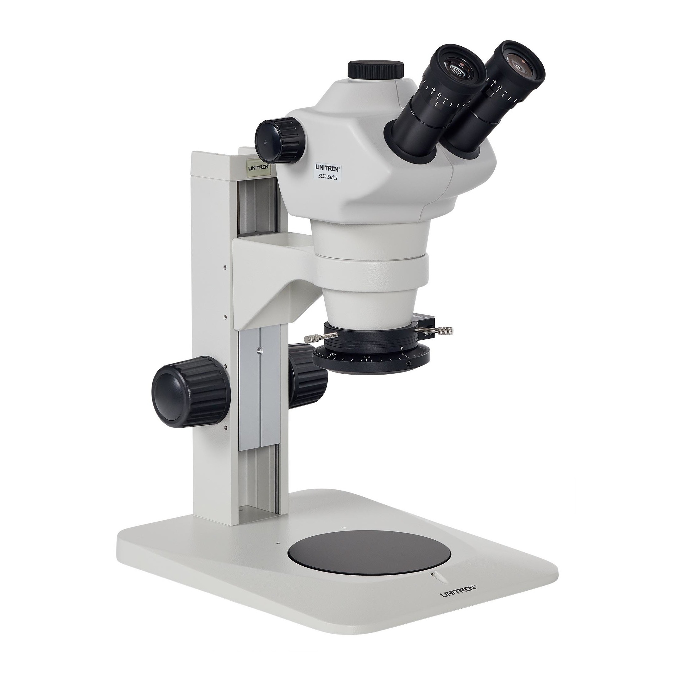 Z850 Trinocular Zoom Stereo Microscope, Plain Focusing Stand, Polarizing LED Ring Light