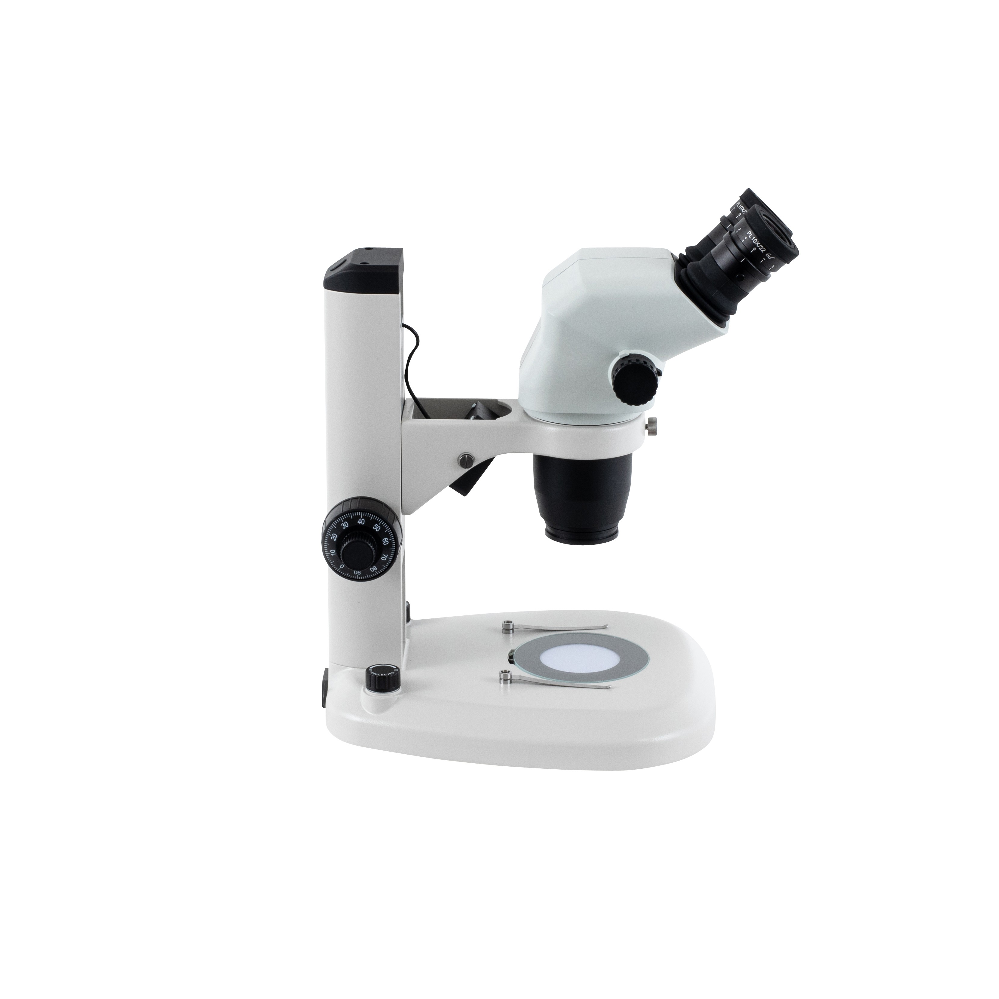 side view of Z645 binocular stereo microscope on coaxial coarse-fine LED stand, great for industrial inspection