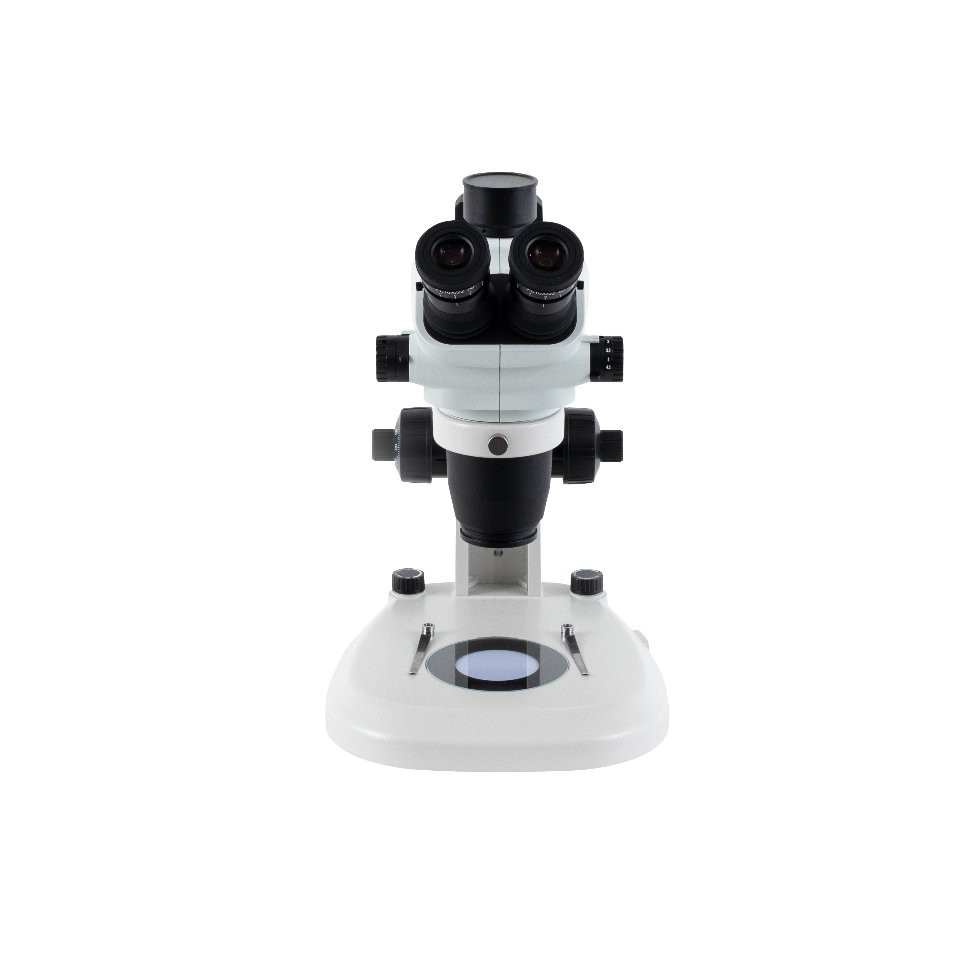 front view of Z645 trinocular stereo microscope on coaxial coarse-fine LED stand, great for industrial inspection