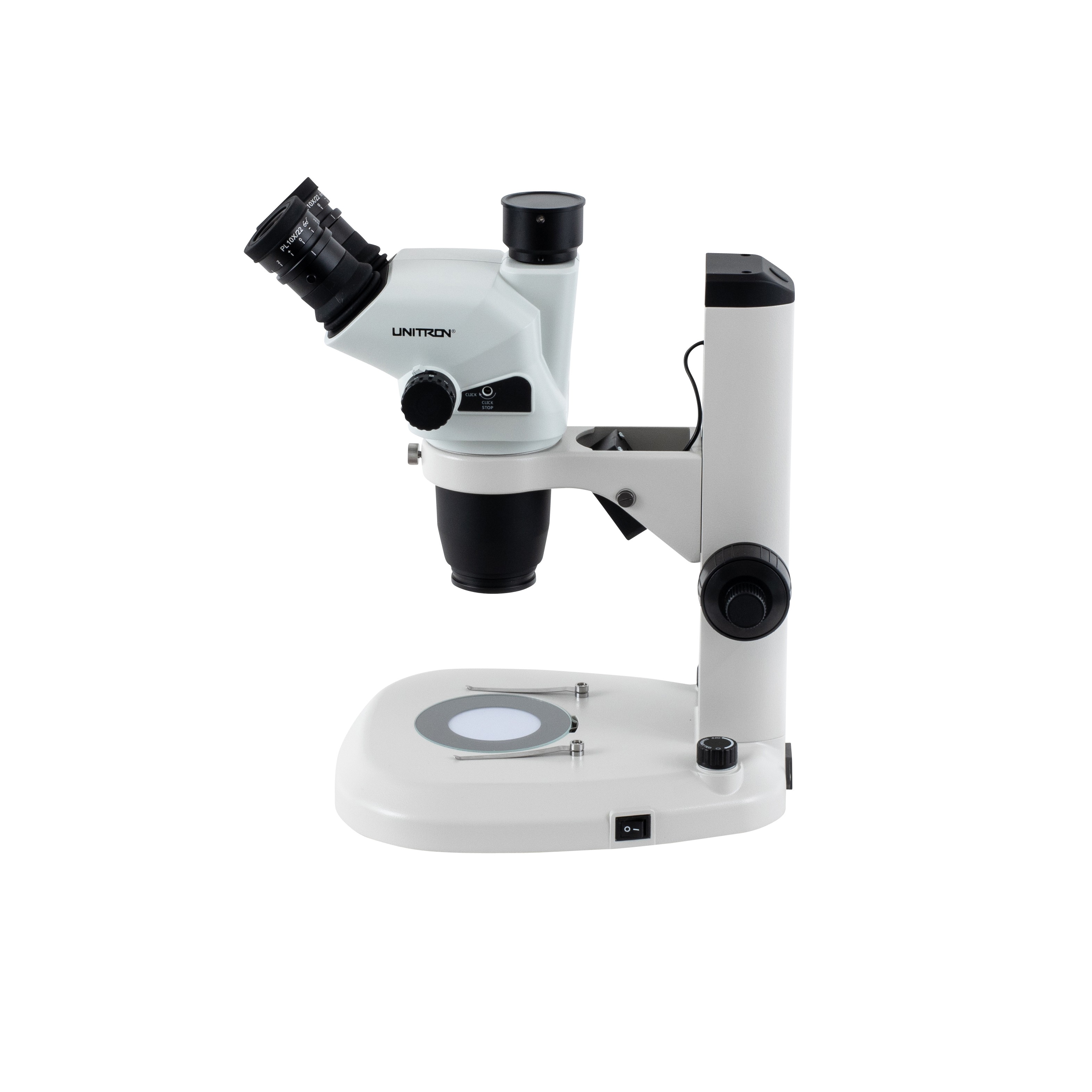 side view of Z645 trinocular stereo microscope on coaxial coarse-fine LED stand, great for industrial inspection