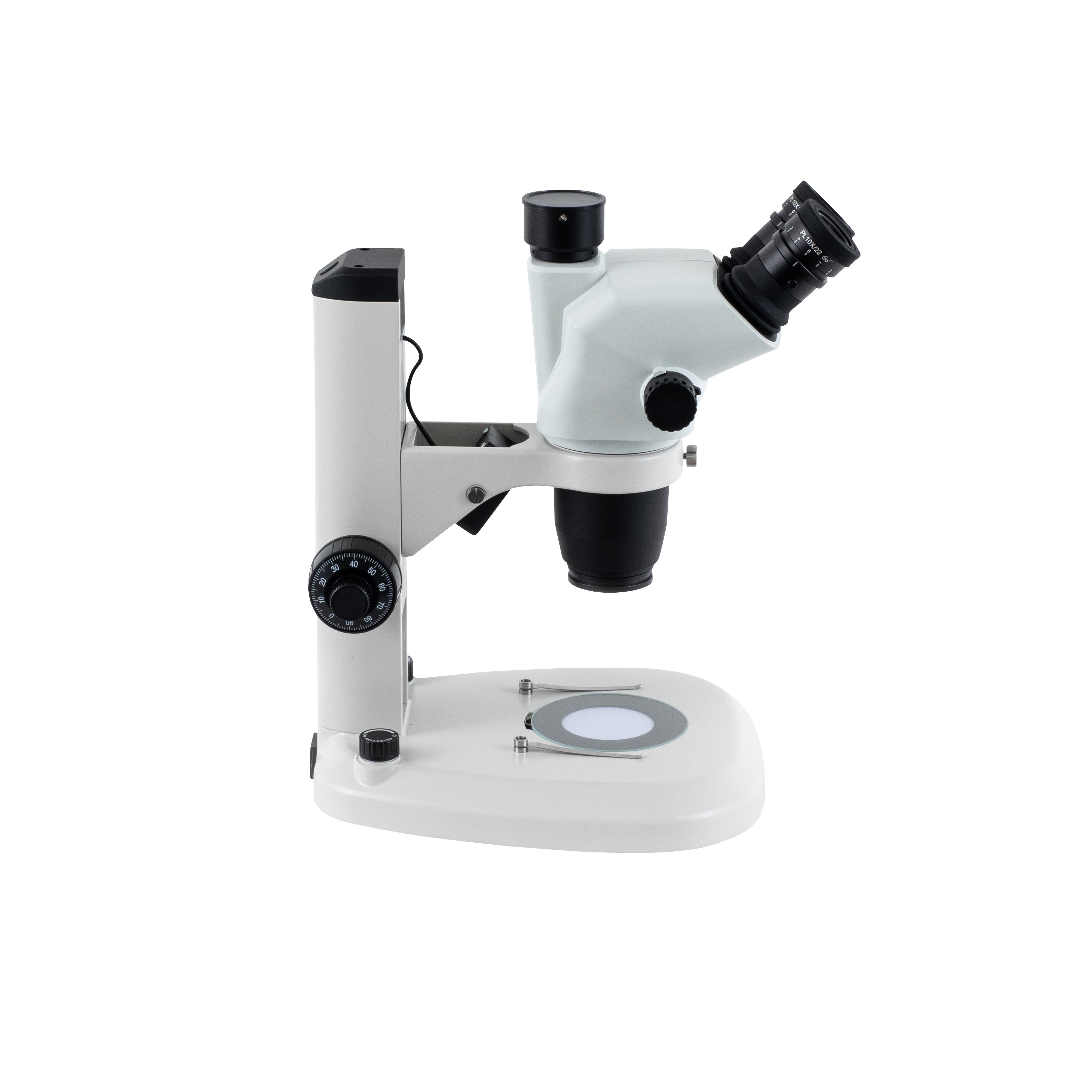 side view of Z645 trinocular stereo microscope on coaxial coarse-fine LED stand, great for industrial inspection