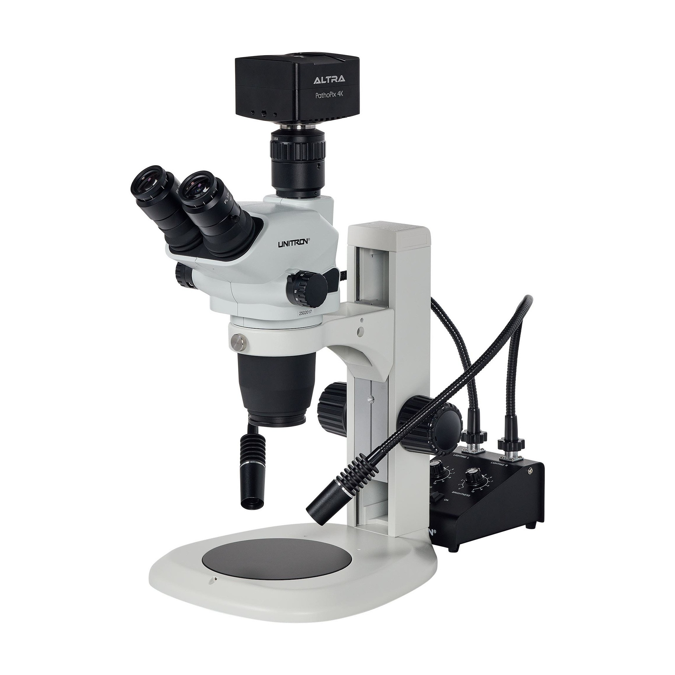 Z645 Zoom Stereo Microscope, Trinocular, Plain Focusing Stand, LED Gooseneck Light, ALTRA 4K camera