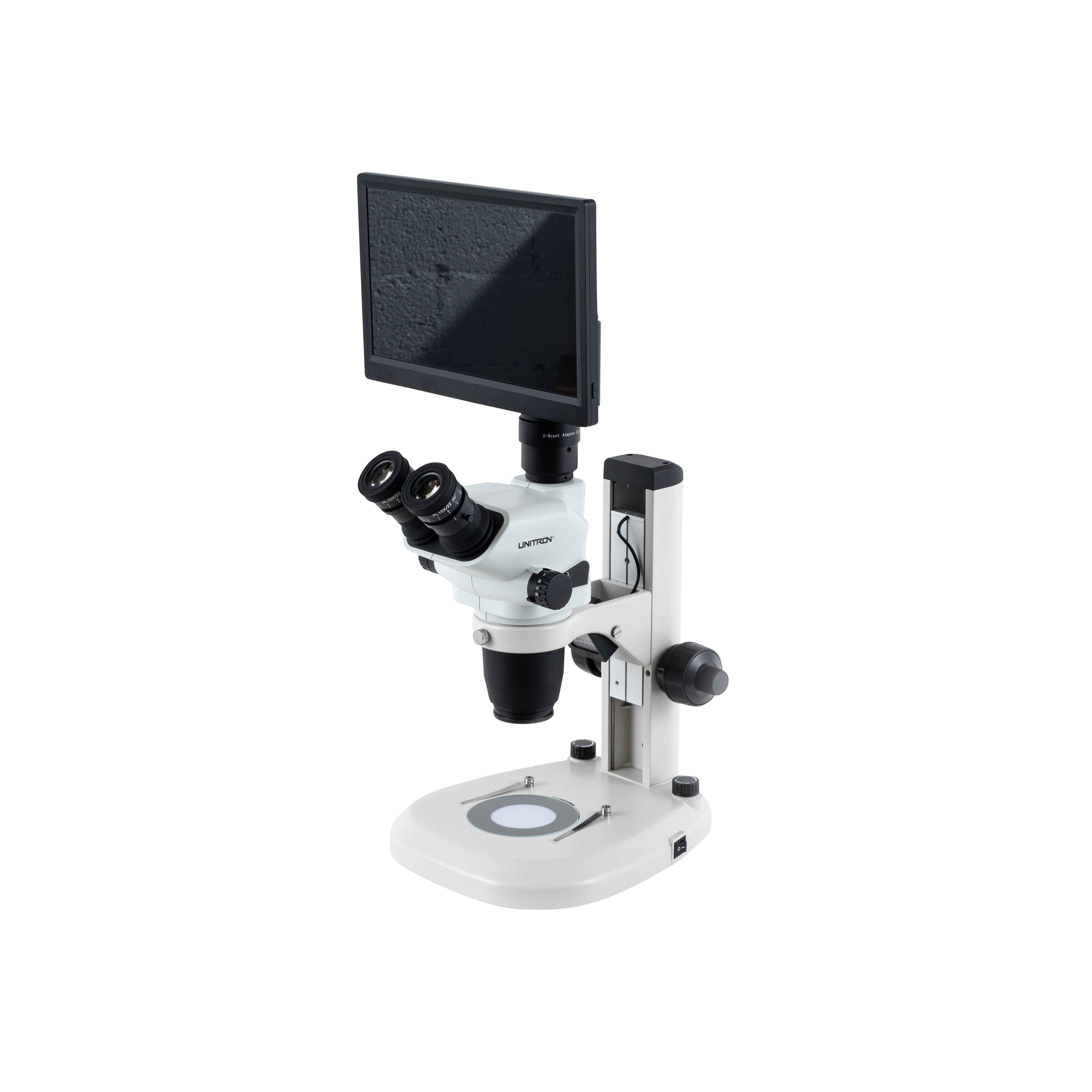 Z645 trinocular stereo microscope with Excelis HD camera and HD monitor, on coaxial coarse-fine LED stand, great for industrial inspection